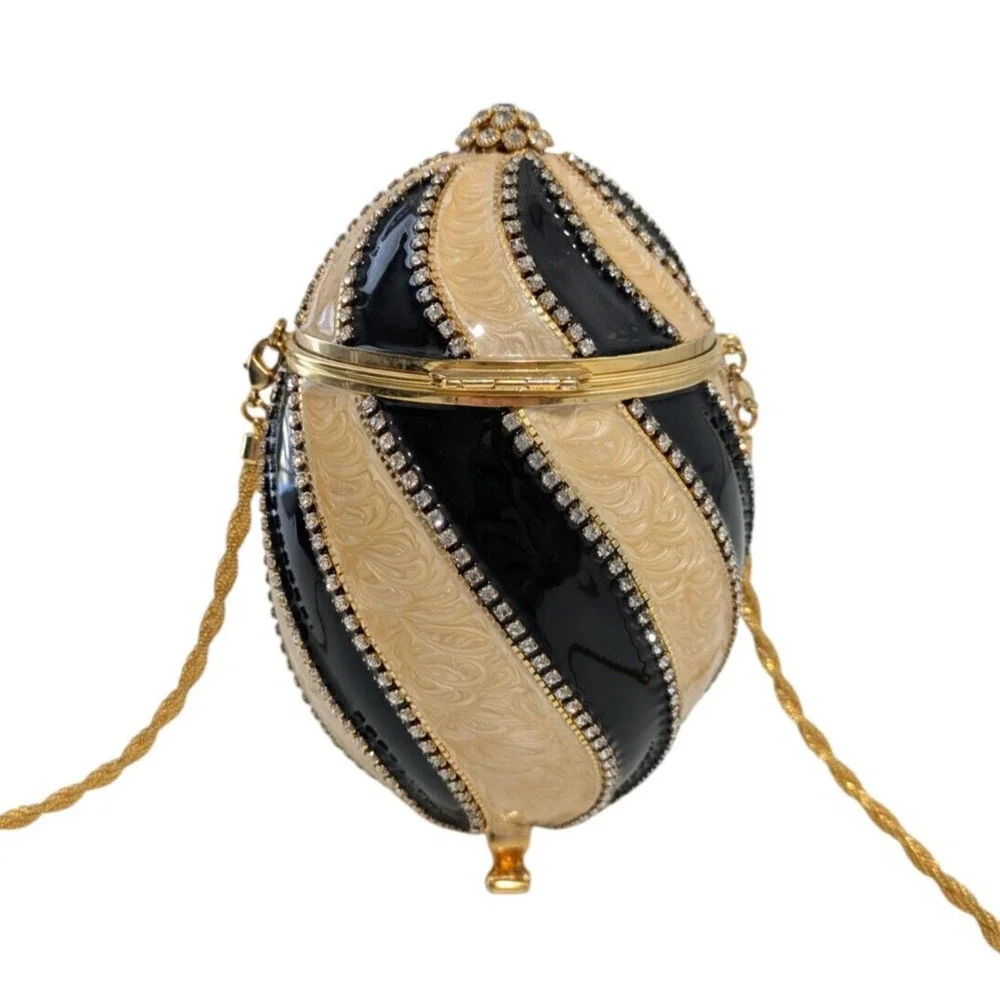 Vivian Alexander Black Gold Striped Enamel Crystal Bead Rhea Duchess II Egg Bag